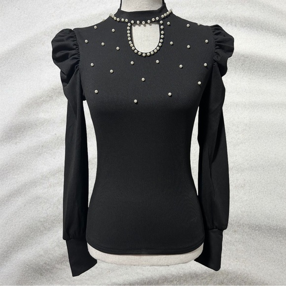 Tops - ✨SOLD✨ Classy Black Ribbed Long Sleeve Top with Pearls / Size Small NWOT
